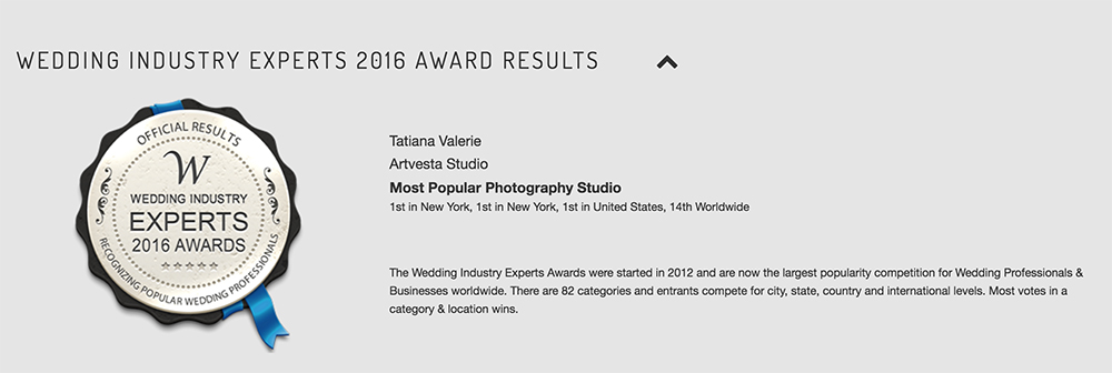 Artvesta Studio won The Most Popular Photography Studio award by the Wedding Industry Experts