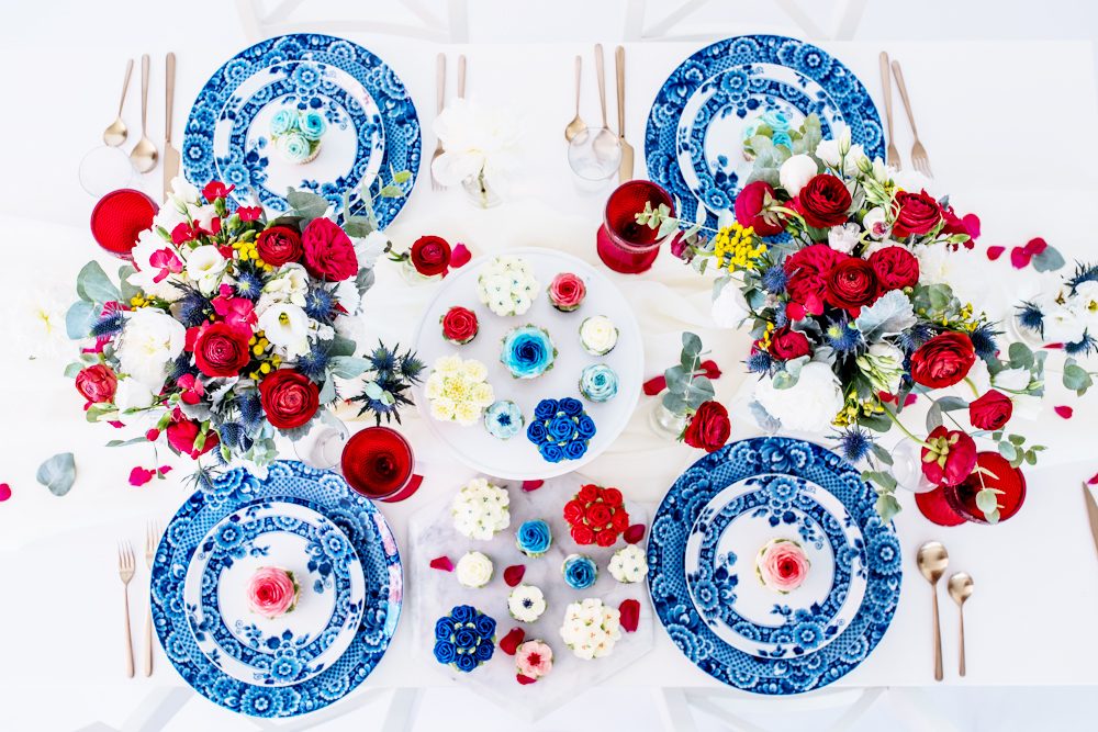 Colin Cowie Styled Shoot flowers and royal blue